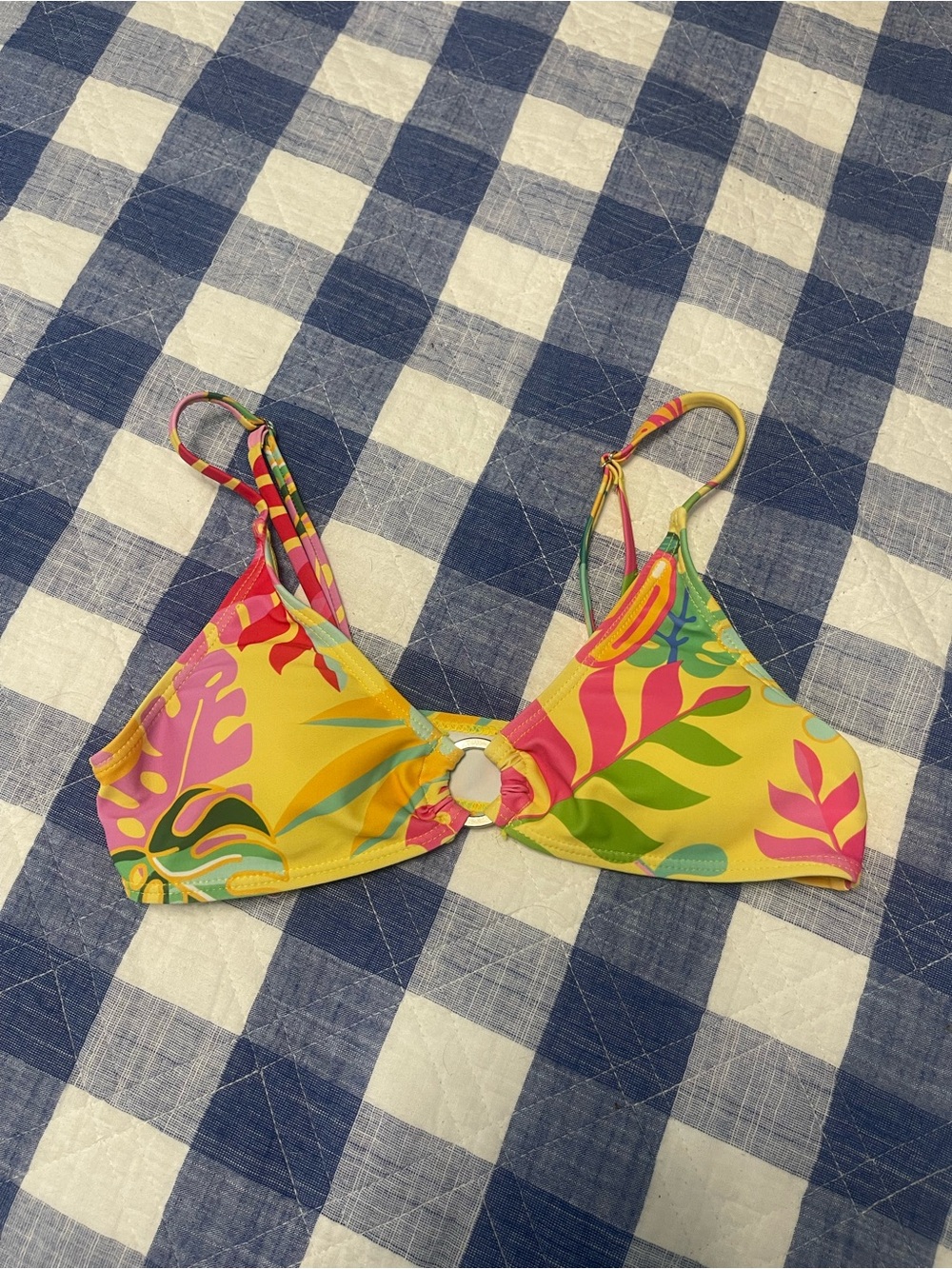 SHEIN Yellow Tropical Print Bikini Top with Pink & Green Accents
